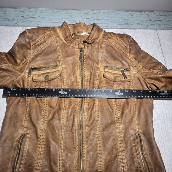 THRASHED J2 Camel Brown Faux Leather Jacket Crop LARGE Moto Steampunk Grunge Y2K - Picture 8 of 10